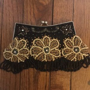 Beaded evening clutch bag, black brown formal bag